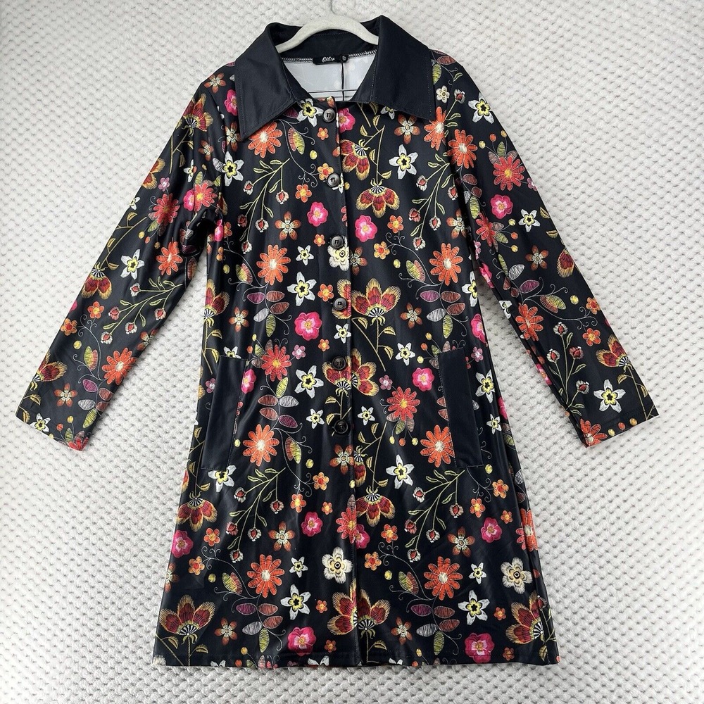Lily By Firmiana Jacket Floral Coat Button‎ Front Collared Black Lightweight M